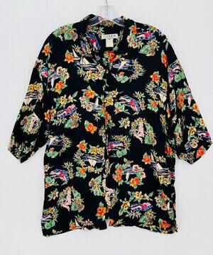 Citron Mens Black Hawaiian Tropical Floral Short Sleeve Camp Shirt Sz M
